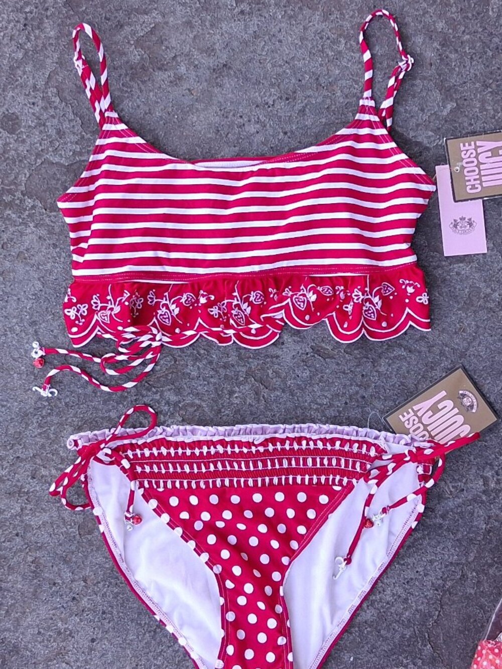 Y2K  JUICY COUTURE STRAWBERRY STRIPE + POLKA DOT LARGE BIKINI SWIMSUIT RARE! NEW